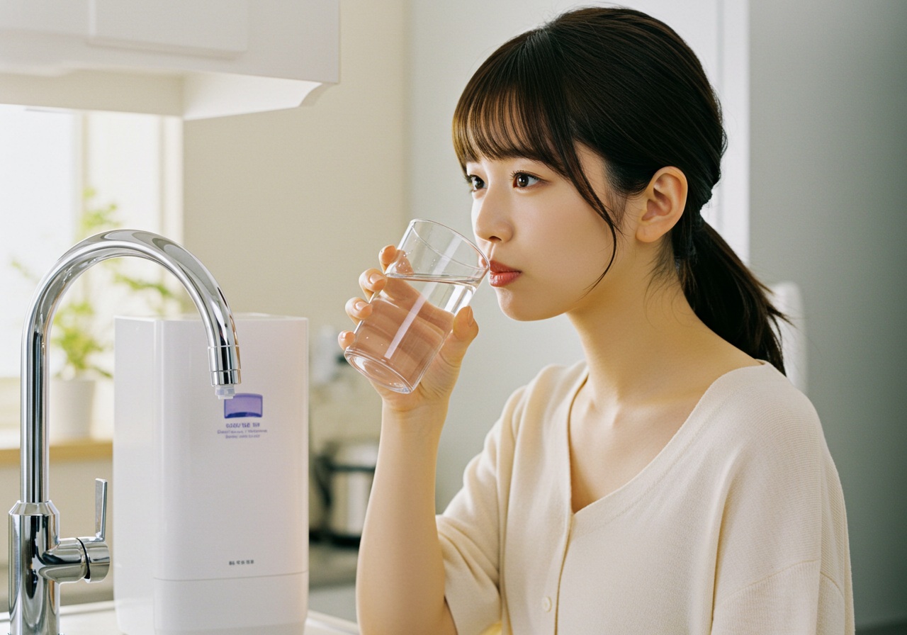A realistic photo-style image of a young Japanese woman sipping water with a doubtful expression in her kitchen. The water purifier is attached to the faucet in the background. She is slightly frowning, noticing an odd taste. Natural indoor lighting gives the scene a real-life atmosphere.