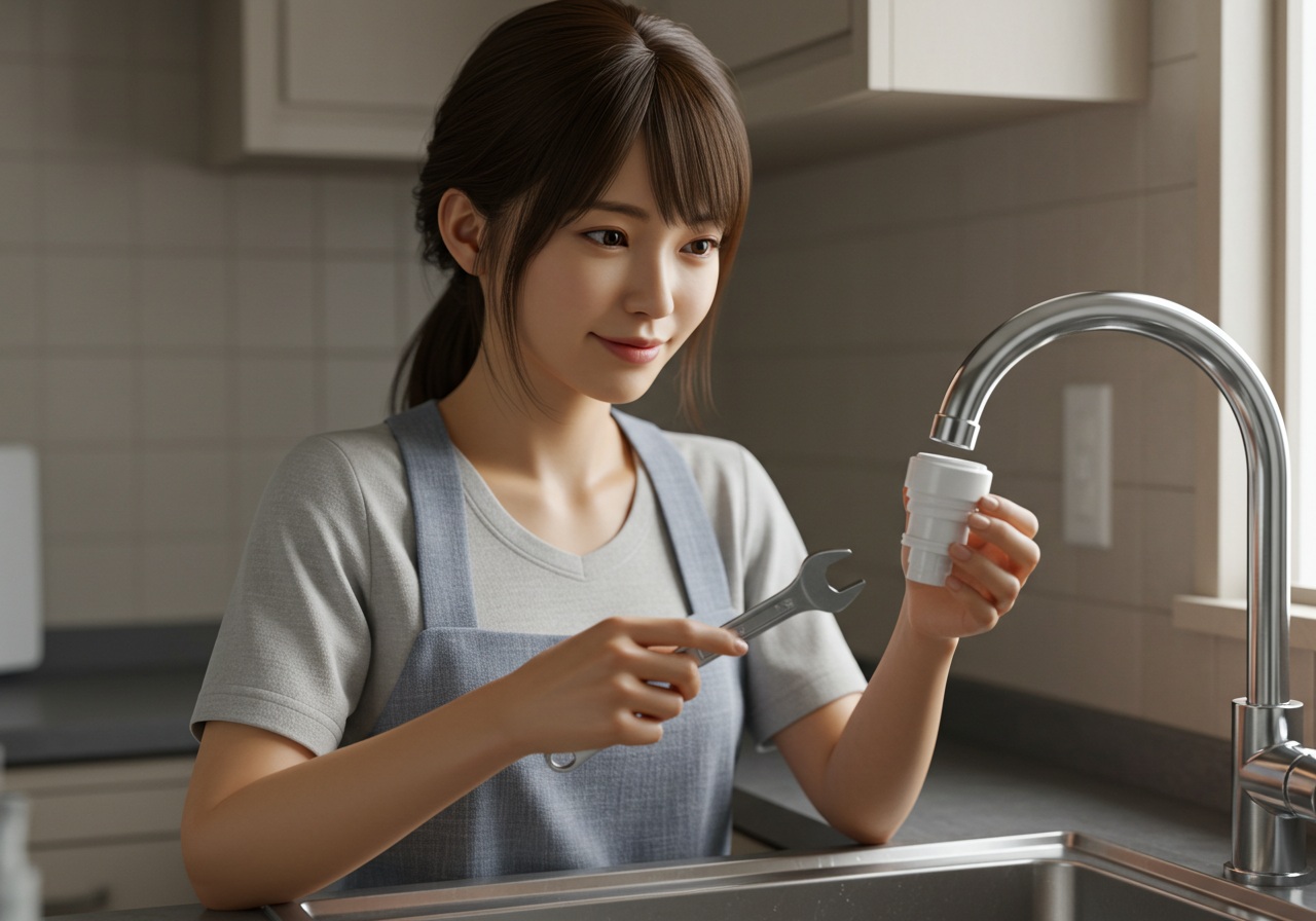 A realistic image showing a young Japanese woman holding a small wrench while examining her kitchen faucet and a separate adapter for a water purifier. She appears resourceful and patient, with a slight smile. The background is a standard kitchen sink with soft lighting.