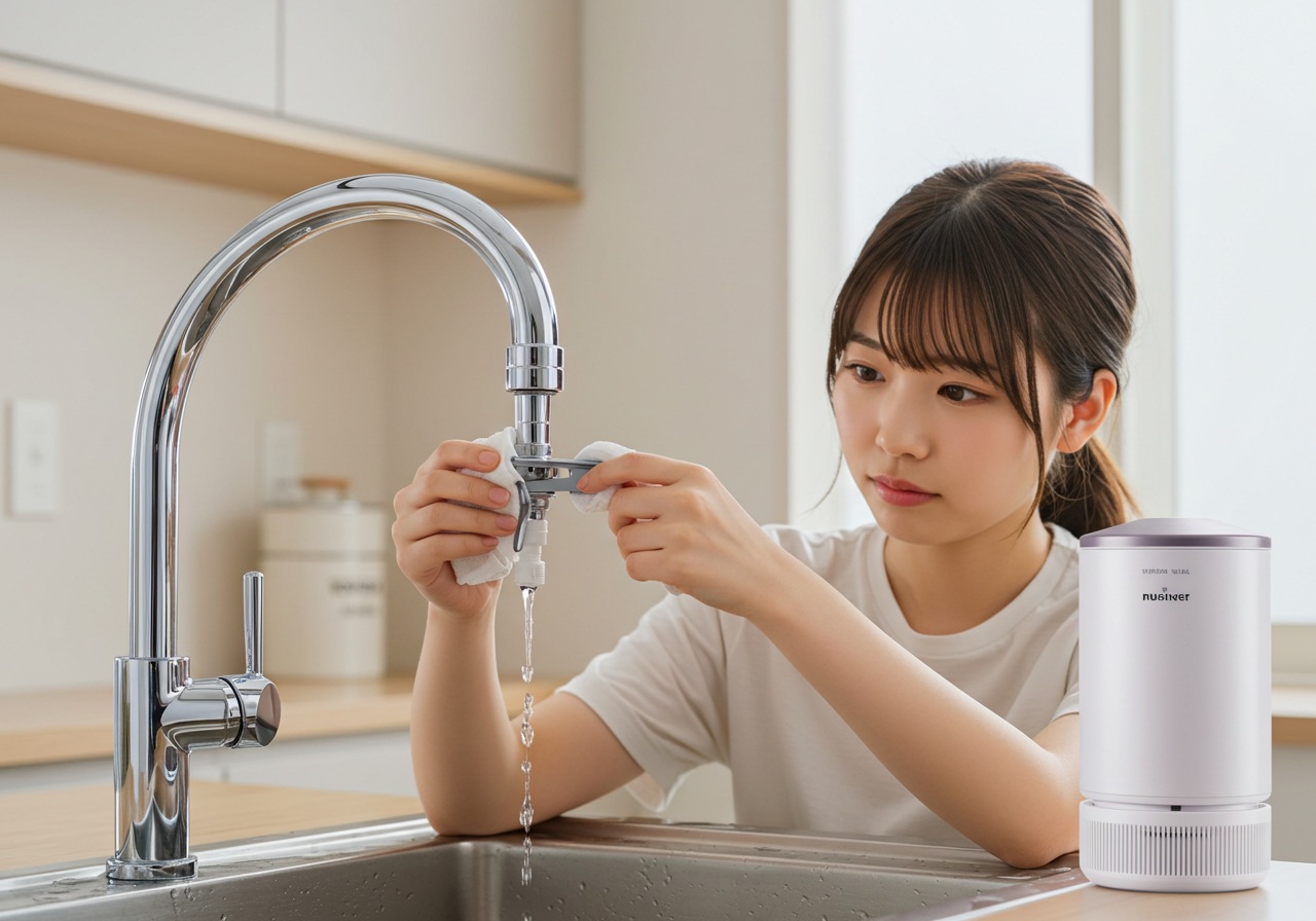 A realistic photo-style image of a kitchen faucet with visible water dripping from the purifier connection. A young Japanese woman is gently tightening the connection with a towel or tool, with a focused but calm expression. The setting is an everyday home kitchen.