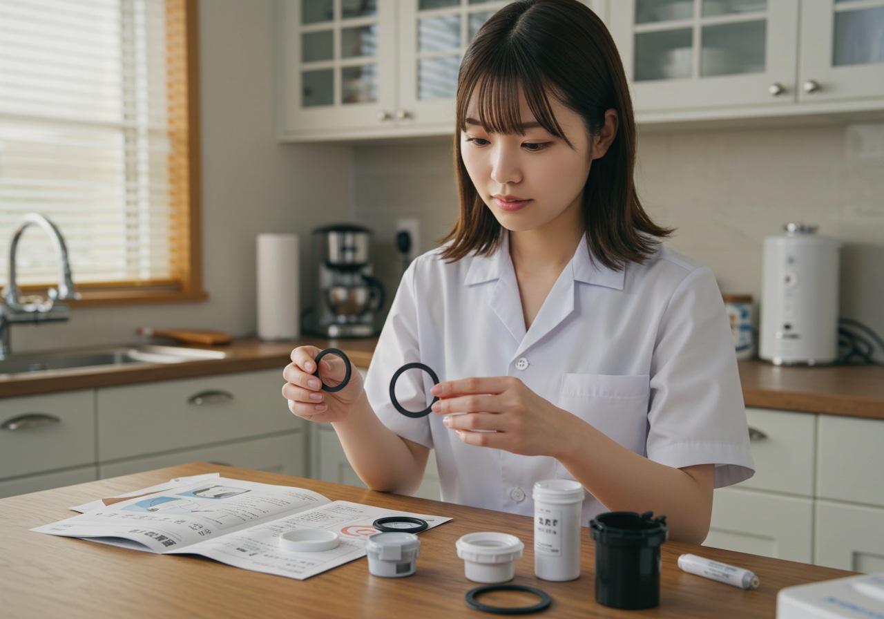 A realistic photo-style image of a young Japanese woman carefully examining a small rubber gasket (packing) and water purifier parts on a kitchen counter. She appears to be comparing the sizes or preparing for installation. The scene includes an open manual and well-lit work area.