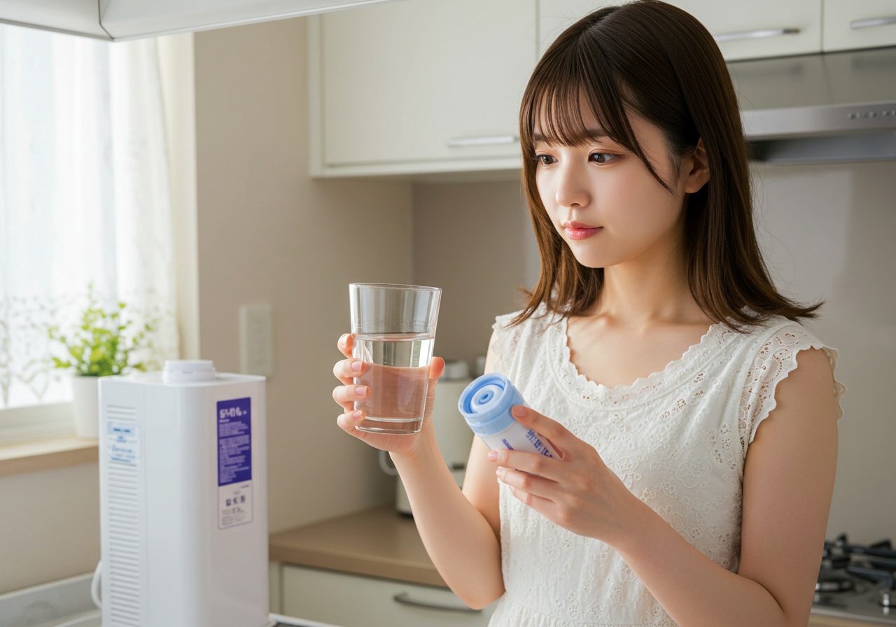 A realistic photo-style image of a young Japanese woman in her kitchen, holding a transparent water glass in one hand and examining a water filter cartridge in the other. Her expression is mildly puzzled. The background shows a clean kitchen counter with a water purifier, avoiding any brand names. Natural indoor lighting.