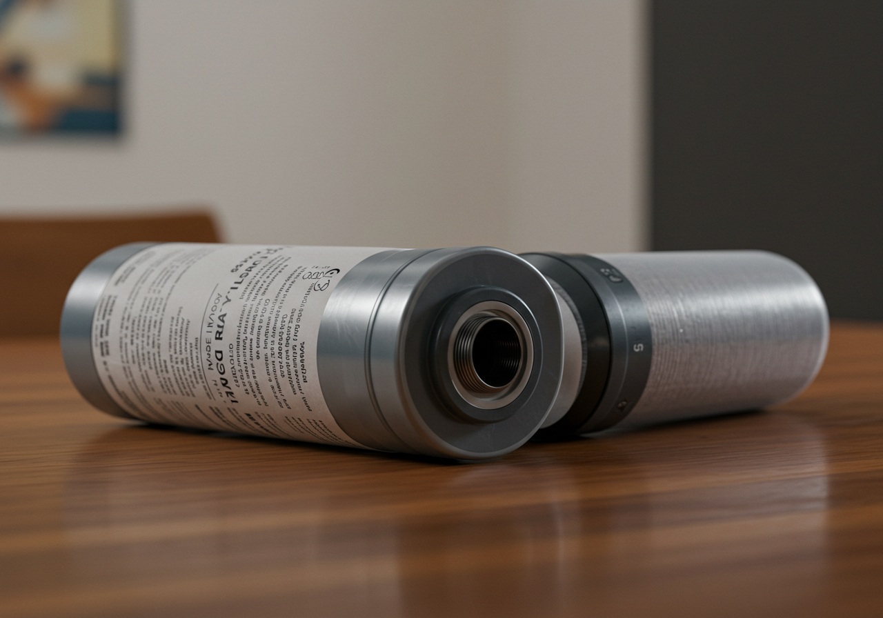 A close-up realistic image of two similar-looking water filter cartridges placed on a plain table surface. One is clearly labeled and structured with printed markings, while the other has slight visual irregularities. The background is a softly lit indoor table. No branding or text is visible.