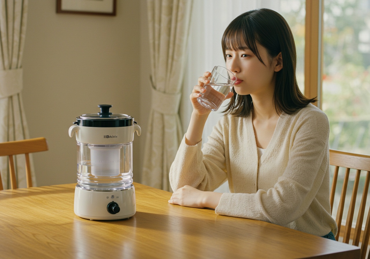 A realistic photo-style image of a young Japanese woman sitting at a dining table, sipping water from a glass and showing a slightly dissatisfied expression. A water filter pot is placed in front of her on the table. Natural daylight from a nearby window adds a soft, calm atmosphere.