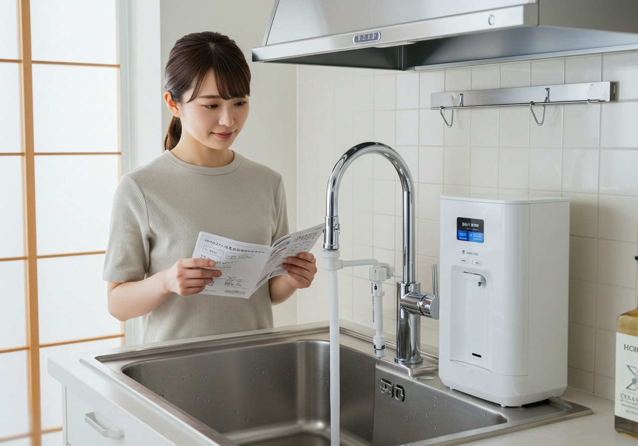 A realistic photo-style image of a modern Japanese kitchen sink area. A water purifier is visibly installed on the faucet. A young Japanese woman checks the instruction manual nearby with a thoughtful expression. The environment is clean and tidy, conveying safety and care.