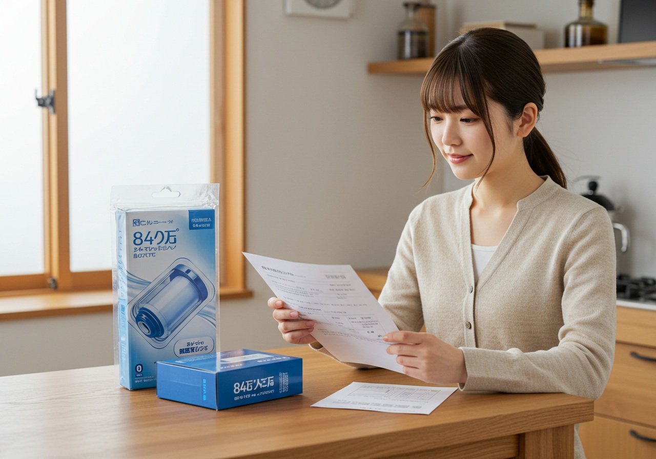A realistic photo-style image of a sealed, clean water filter cartridge box on a wooden counter. A young Japanese woman is gently comparing the box with a checklist or instruction sheet in her hand. Bright indoor lighting highlights clarity and trust.