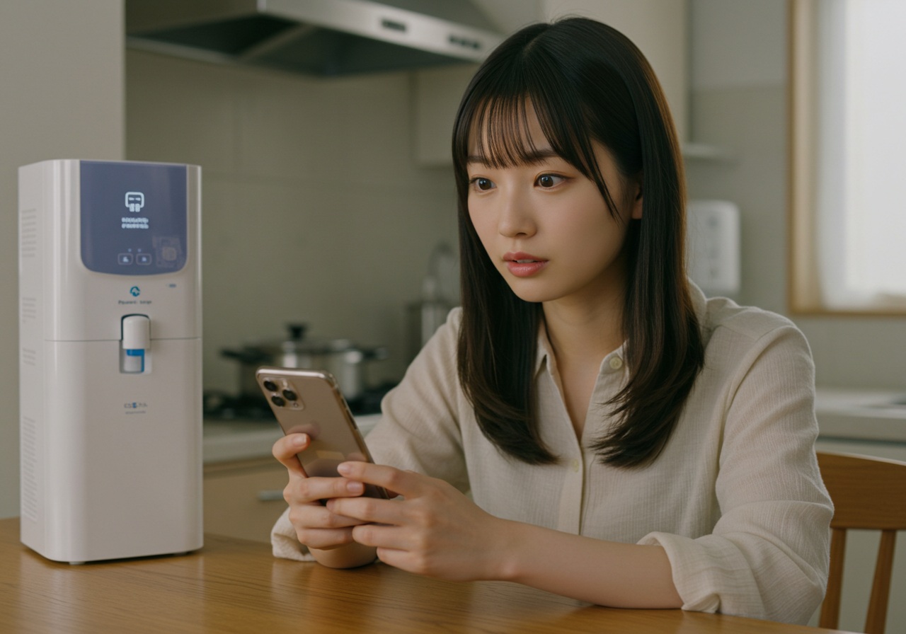 A realistic photo-style image of a young Japanese woman reading product reviews on her smartphone at a kitchen table, with a water purifier visible in the background. Her expression shows curiosity and slight amusement. The setting is bright, modern, and lived-in.