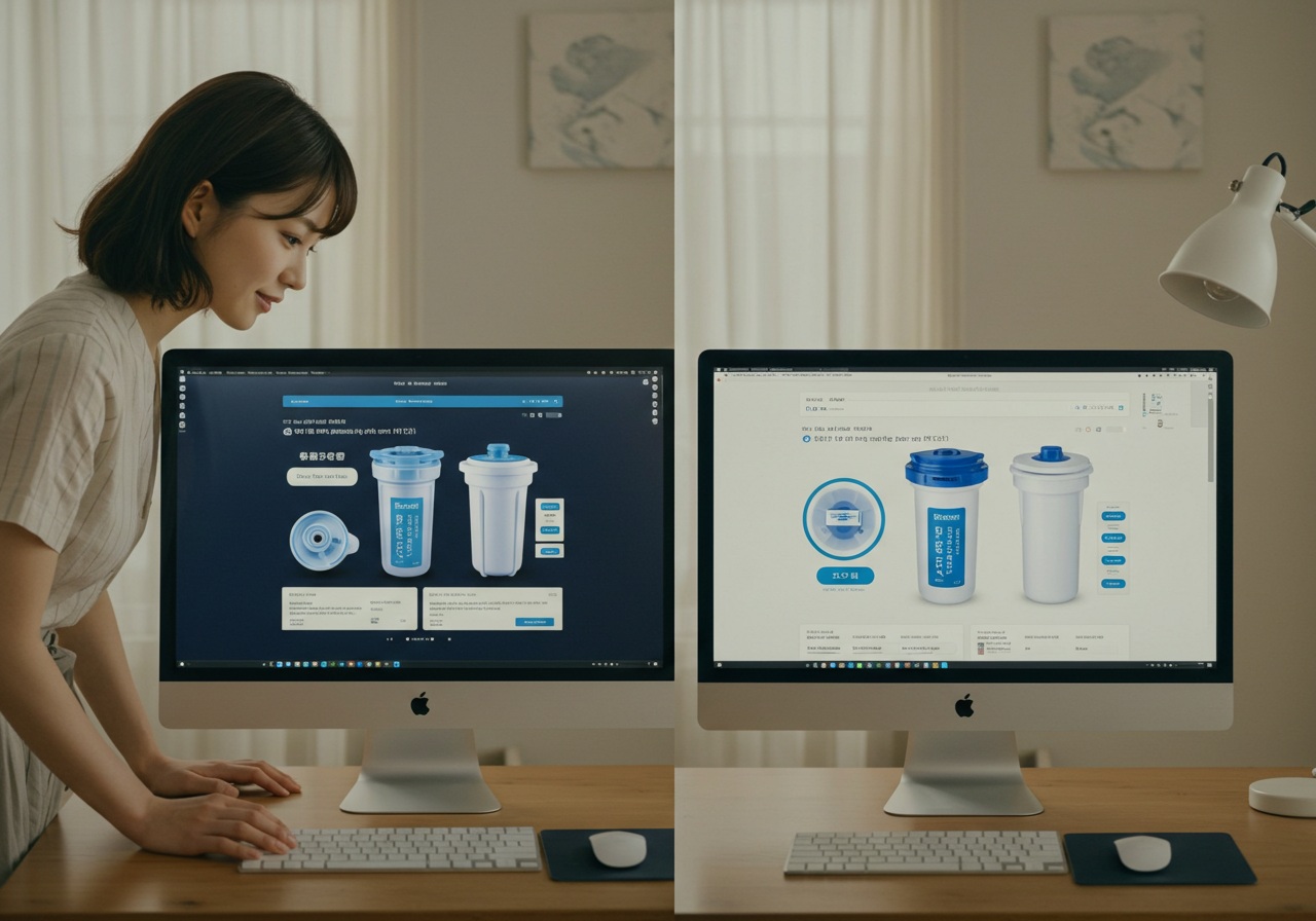 A realistic photo-style split-scene image showing two computer screens side by side. Each displays a different online shopping site listing for similar-looking water filter cartridges. A young Japanese woman is leaning forward slightly, comparing them carefully. The room is softly lit, showing a realistic home environment.