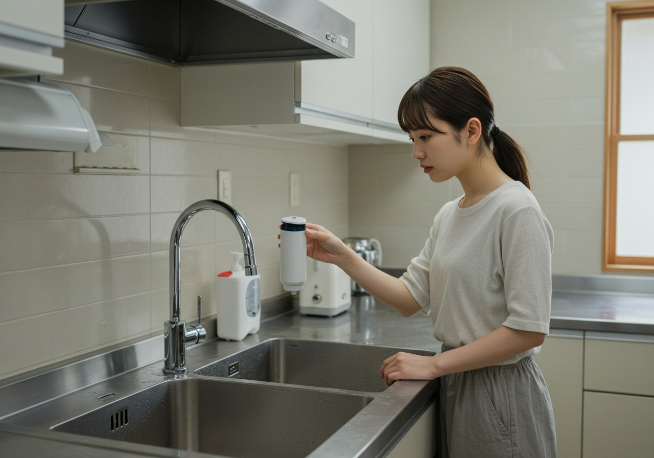 A high-resolution photo-style image of a clean, modern Japanese kitchen sink. A young Japanese woman wearing casual homewear is gently holding a faucet-mounted water purifier with one hand, looking at it with a thoughtful expression. Her body language suggests she is considering how to remove or adjust the device. The kitchen is well-lit with neutral tones. No visible text, logos, or brand names.