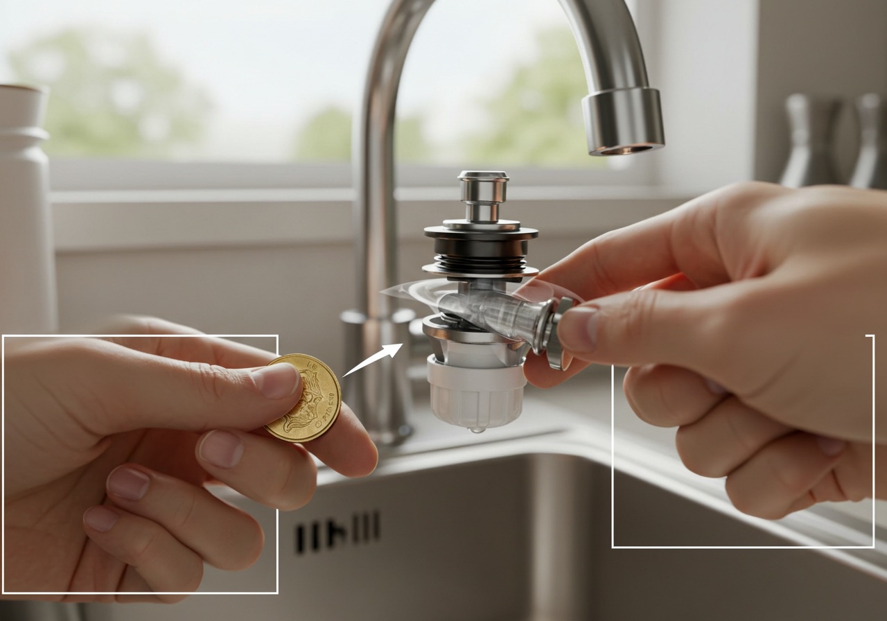 A realistic photo-style image showing a close-up of a hand trying to rotate a stuck faucet-mounted water filter. The hand uses a thick coin and wears a rubber glove. The expression of frustration is implied by the tension in the grip. The setting is a bright kitchen with a stainless steel sink, no text or logos visible.