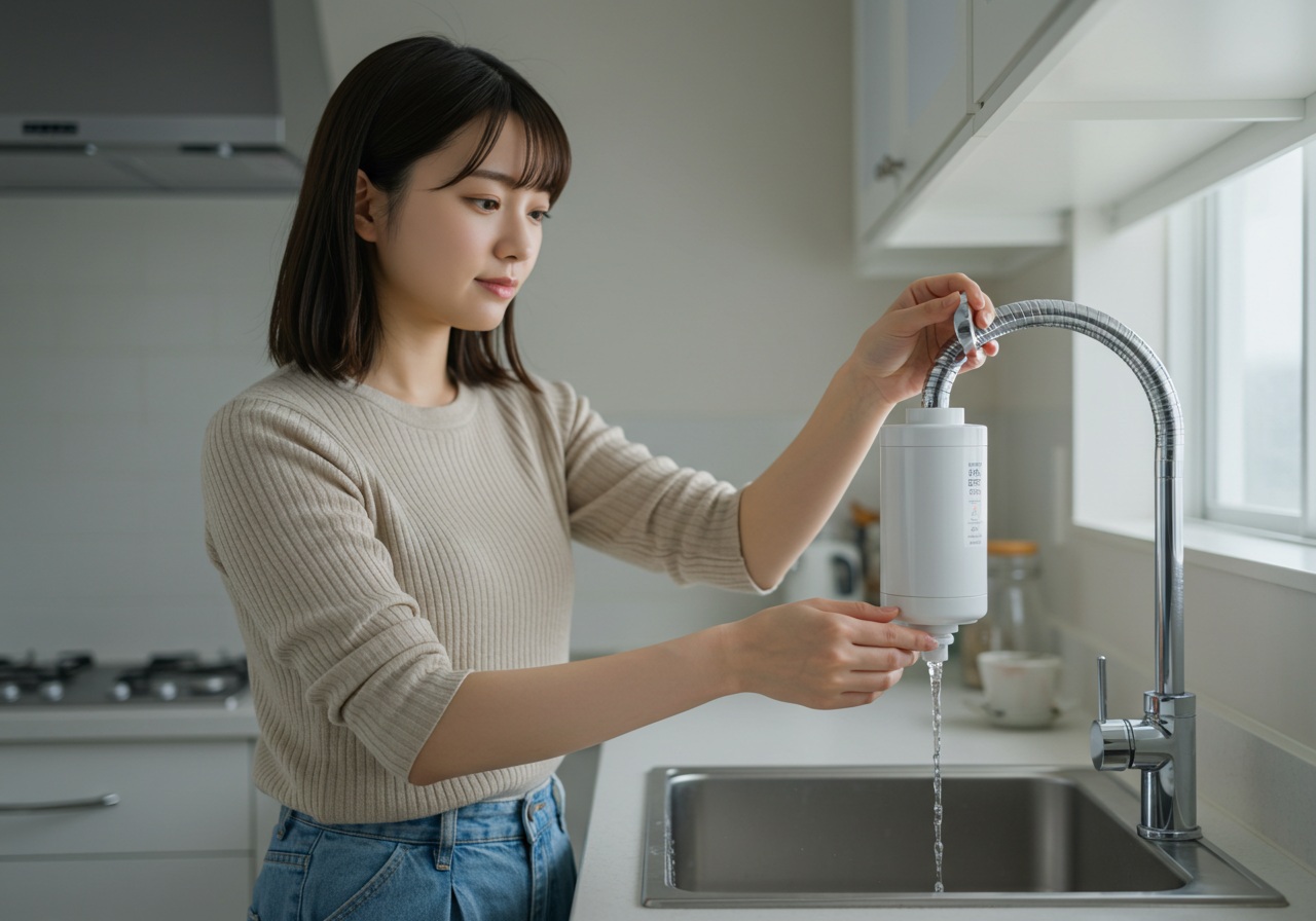 A clean photo-style image of a young Japanese woman gently twisting a faucet-mounted water purifier counterclockwise using both hands. She wears casual homewear and a gentle, focused expression. The kitchen is minimalistic, with soft lighting. The purifier shows no visible branding.