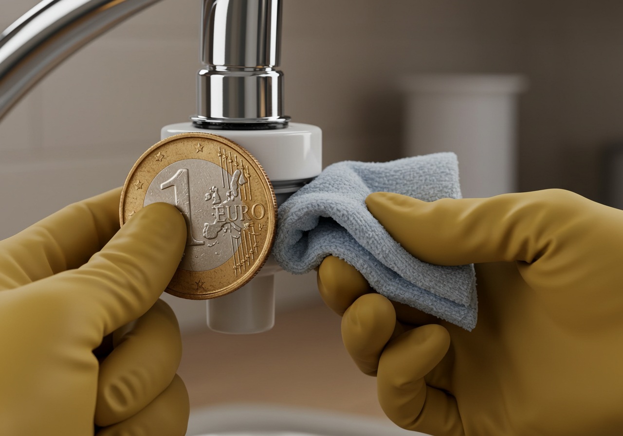 A realistic image showing a close-up of a person’s hand holding a large coin, attempting to turn the base of a faucet-mounted water purifier. A soft cloth is placed between the coin and the device for grip. The person is wearing rubber gloves. Focus on the hands and tool use, with a neutral kitchen background.