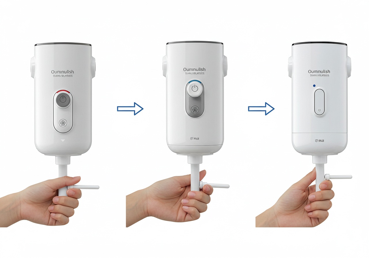 A side-by-side photo-style composition showing three types of faucet-mounted water purifiers without logos. Each purifier has a slightly different shape and control style. Hands of a young Japanese woman are comparing their sizes and operation levers. The image emphasizes subtle design differences.