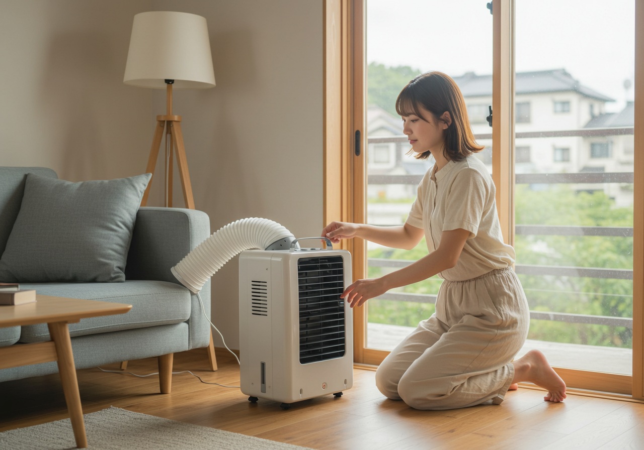 A high-resolution, photo-style image of a modern Japanese living room in summer, with a small white spot cooler placed near a window. A young, cute Japanese woman in casual summer clothes is adjusting the position of the exhaust hose while looking thoughtful. Bright natural light comes through the window, and the room is simple and clean. No text or brand names visible.