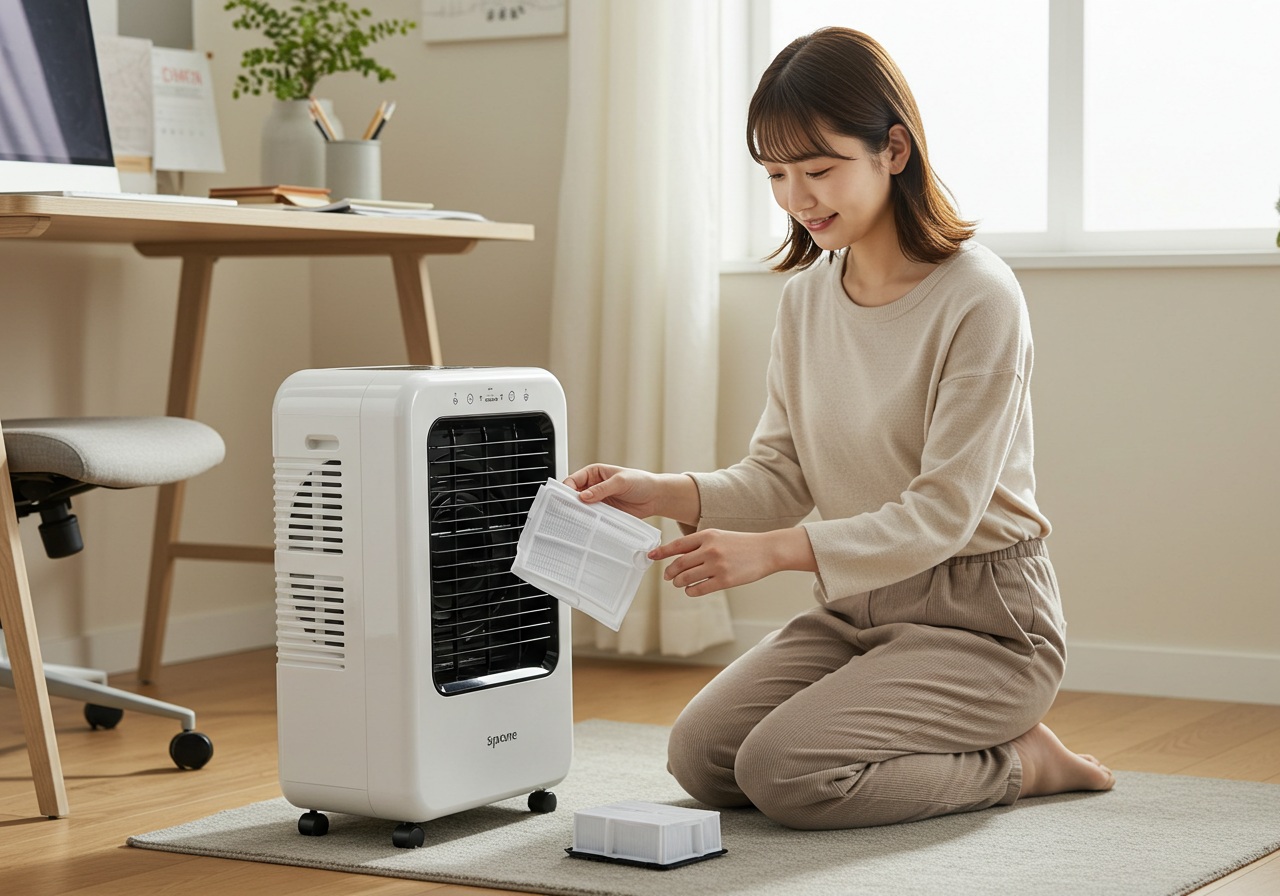 A realistic photo-style image of a young Japanese woman kneeling next to a compact white spot cooler in a home office. She is removing and cleaning a small dust filter with a gentle smile, wearing comfortable indoor clothes. The background shows a tidy desk and bright daylight from a window. No text, logos, or branding visible.