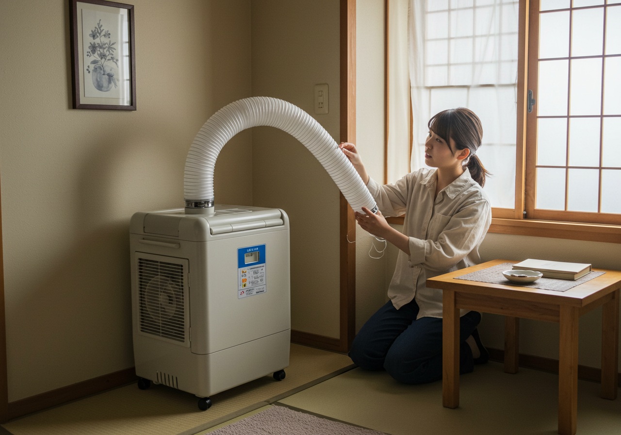 A high-quality, photo-style image of a Japanese apartment with a Yamazen-style portable cooler near a small window. A young Japanese woman is checking the window panel connection of the exhaust hose, slightly tilting her head with a concerned look. The room is simple, with minimal furniture and soft lighting. No text or logos included.