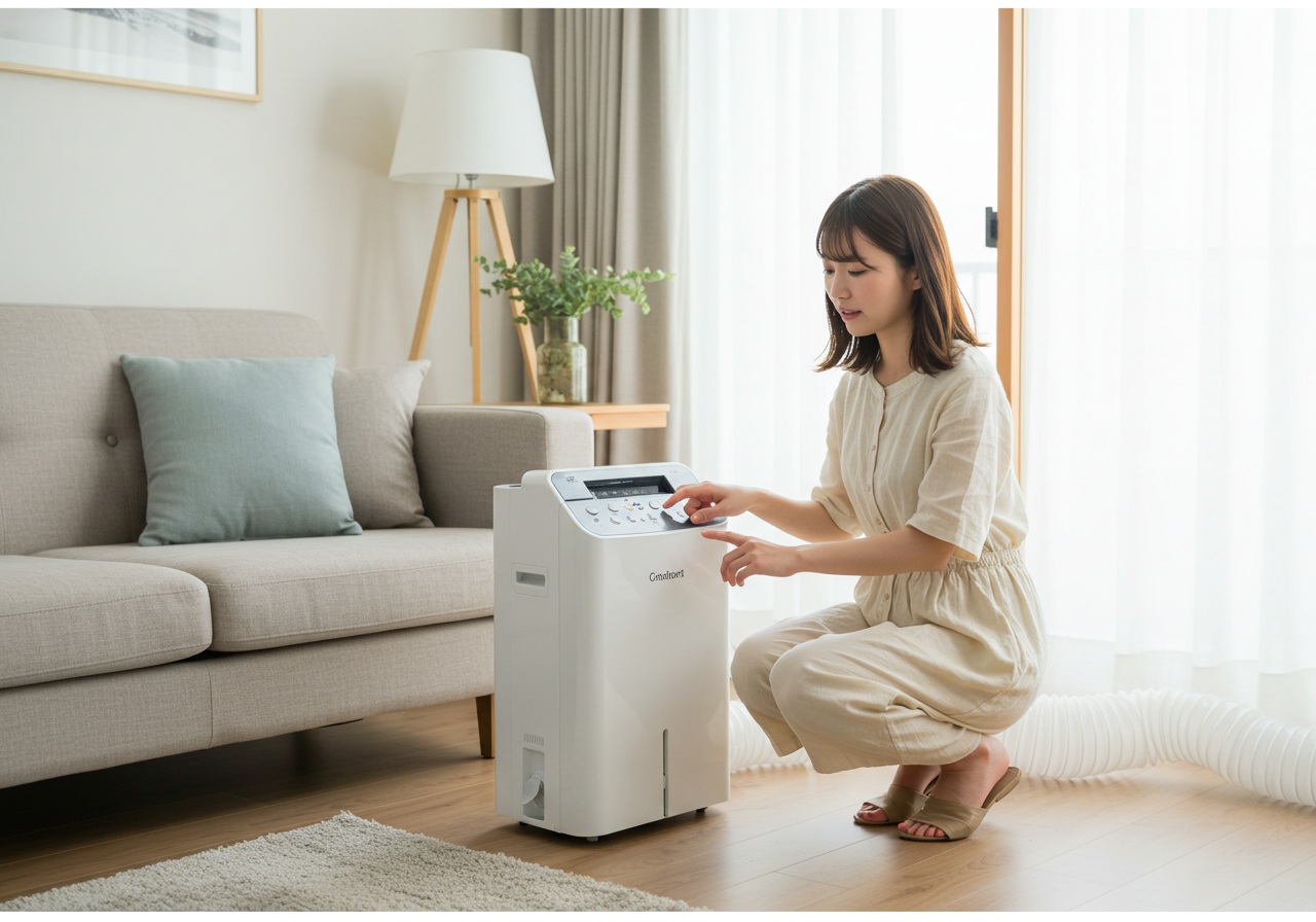 A realistic photo-style image of a modern Japanese living room with a white spot cooler placed near a sofa. A young Japanese woman in light summer clothes crouches in front of the unit, pressing the control buttons with a puzzled expression. The exhaust hose leads to a window. Clean, uncluttered background, no text or brand names visible.