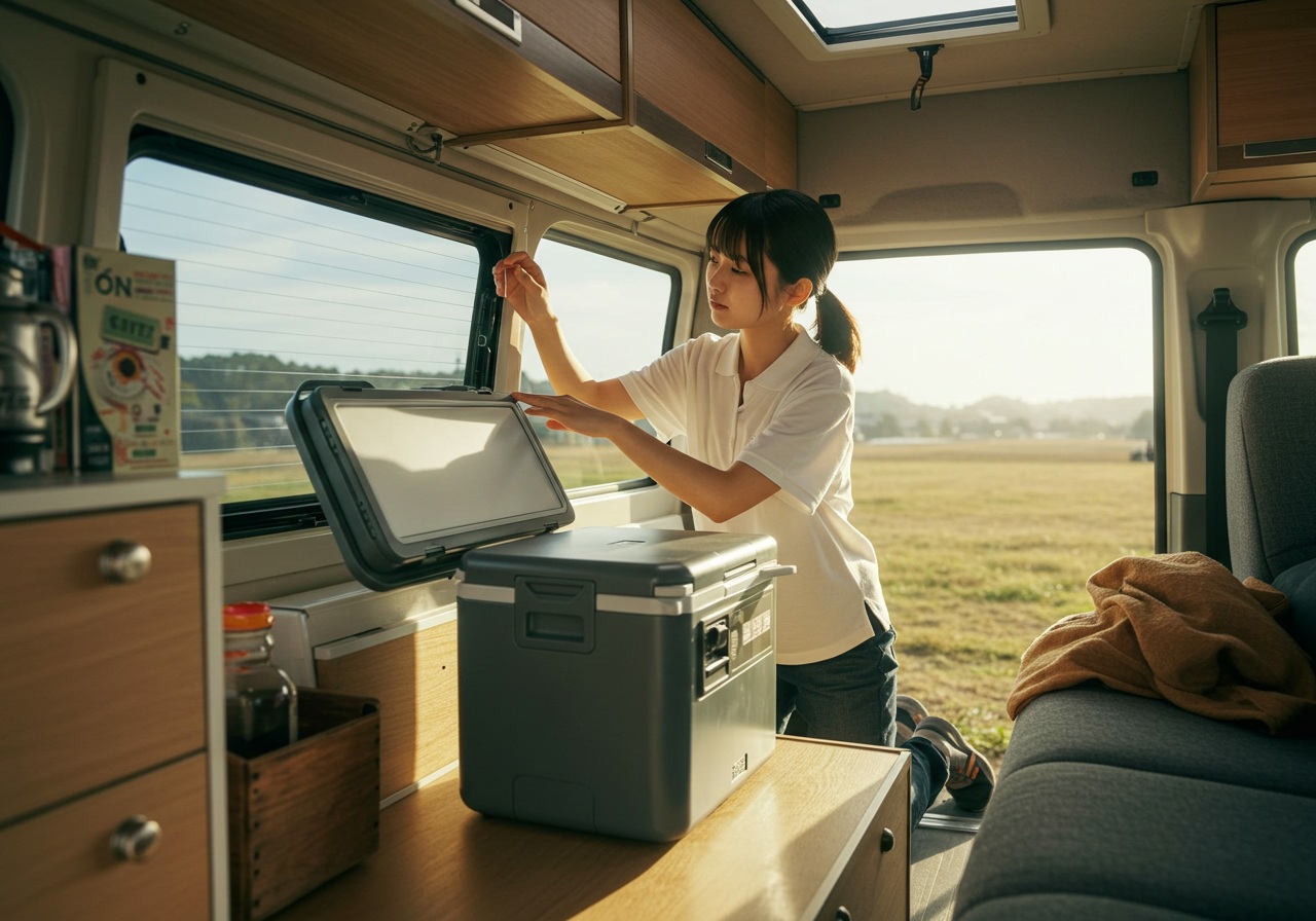 A high-resolution photo-style image of a small portable cooler set up inside a parked camper van during a sunny day. A young Japanese woman adjusts a partially open window to release hot air, looking focused but calm. The van interior is clean and minimal, with sunlight filtering in. No visible text or brand names.