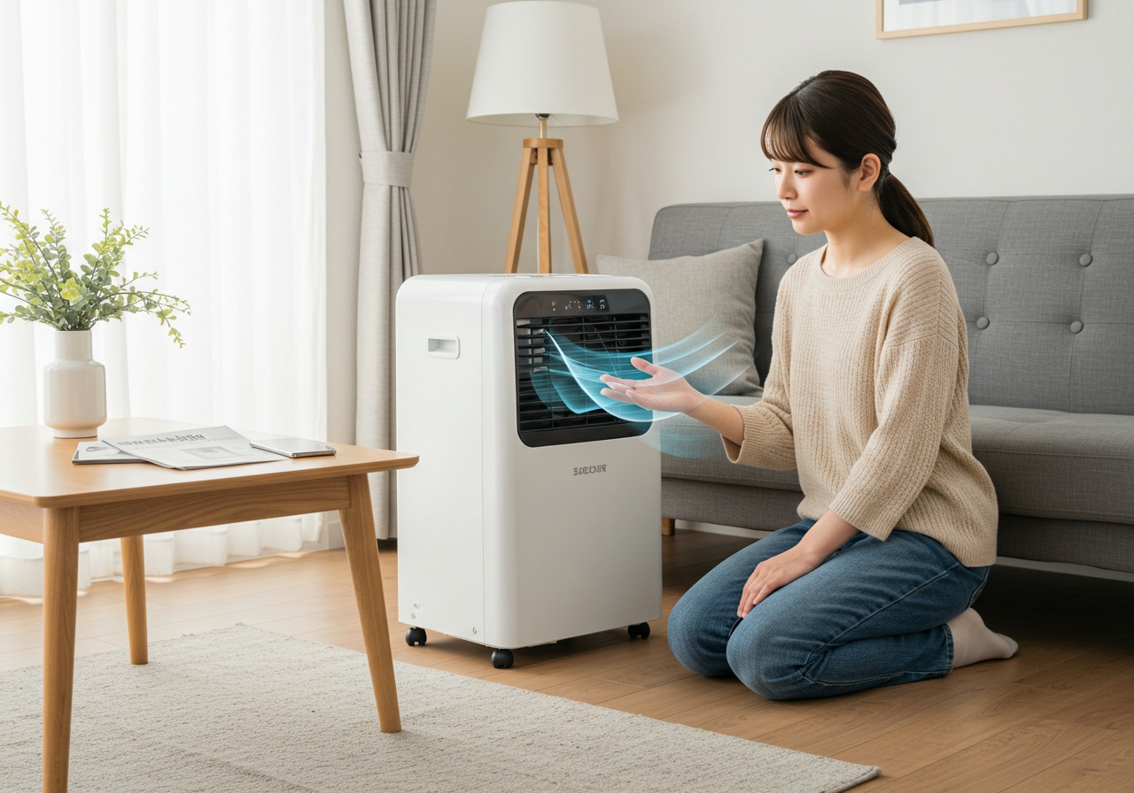 A realistic, photo-style image of a Japanese home with a white spot cooler in the corner. A young Japanese woman kneels beside it, holding her hand in front of the vent to feel the lukewarm air, looking concerned. A service manual and phone are placed on a nearby table, indicating she is about to call for maintenance. Bright daylight, clean and neutral background, no branding visible.