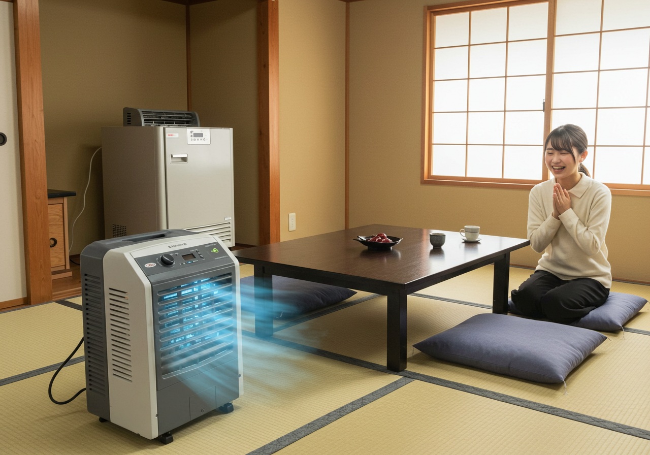 A high-quality, photo-style image of a compact spot cooler running in a small, tidy 6-tatami Japanese room with a low table and floor cushions. A young Japanese woman sits nearby, smiling with relief as the room cools. In the background, a larger industrial-style cooler is faintly visible in a hallway, highlighting the size difference. Natural indoor light, no text or brand names.
