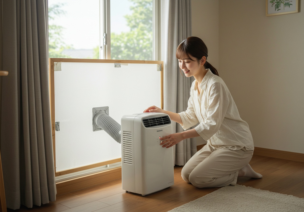 A realistic high-quality photo of a simple home interior during summer. A young Japanese woman is kneeling near a window where a portable air conditioner is connected to a homemade window panel made of white plastic board. She is smiling softly, adjusting the exhaust hose connection with one hand. The room is bright and tidy, with sunlight filtering through curtains, no visible text or brands.