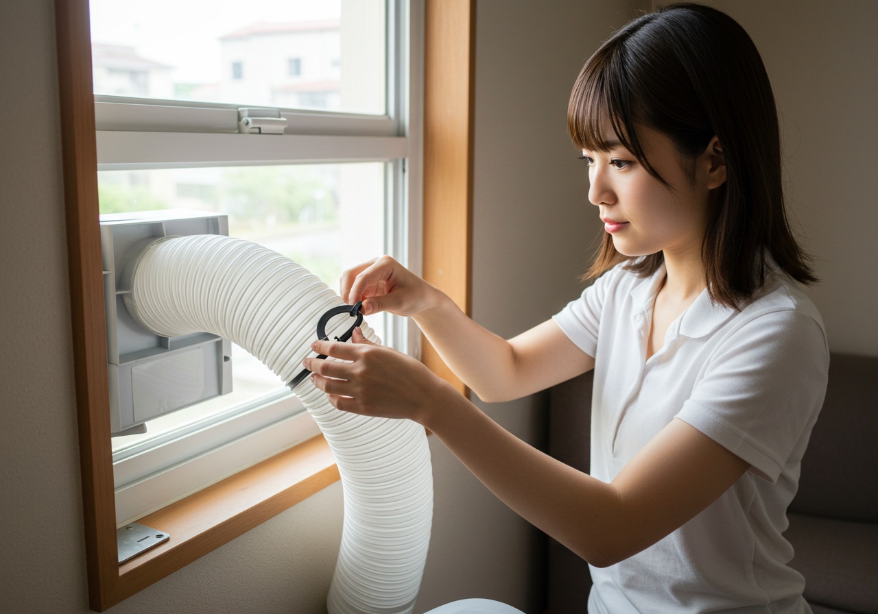 A realistic high-resolution image of a young Japanese woman installing an exhaust duct hose from a portable air conditioner into a window panel. She is leaning slightly forward, carefully fastening the connection ring with both hands. The window is half-open with a fitted white panel, bright daylight outside, clean and simple background, no text or brands.