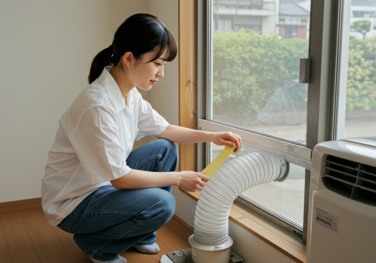 A high-quality photo of a small DIY paint booth setup in a home room. A window duct panel with an exhaust hose leads outside, while a young Japanese woman is standing nearby wearing casual clothes, checking a small model on a work table inside the booth. The setup looks safe and tidy, with proper ventilation shown, no brand logos or text.