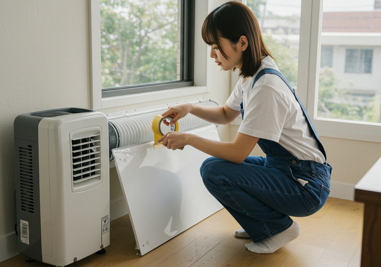 A realistic image of a young Japanese woman crouching beside a window, pressing sealing tape along the edges of a white window panel connected to a portable air conditioner exhaust hose. She looks focused, ensuring no gaps are left. The indoor setting is bright and clean, no visible text or branding.