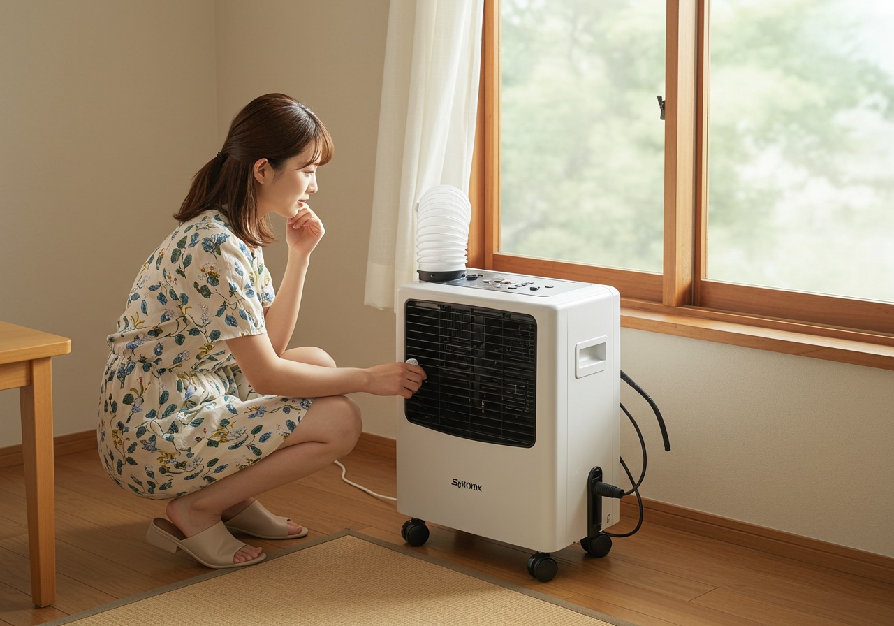 A high-quality, realistic photo of a small Japanese room with a white portable spot cooler placed near a window. A young Japanese woman in casual summer clothes is kneeling next to the cooler, adjusting the exhaust hose connection, looking thoughtful. Bright daylight comes through the window, simple tidy interior, no text or brand logos visible.