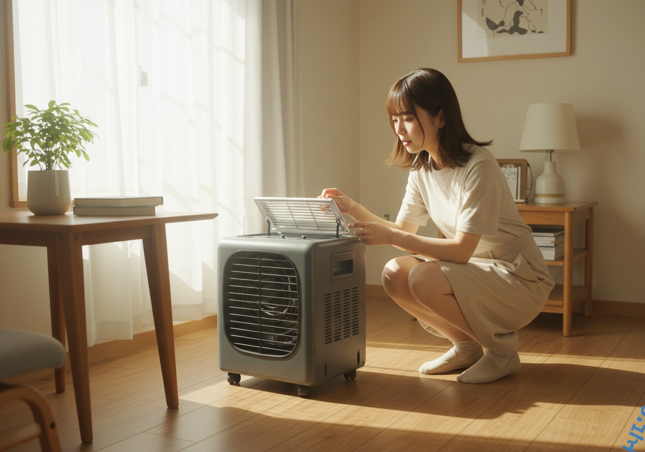 A realistic photo of a portable spot cooler placed in a small apartment room, sunlight streaming in. A young Japanese woman crouches beside the cooler, checking the air vent with one hand and looking slightly puzzled. Minimal background furniture, clean setting, no text or logos.