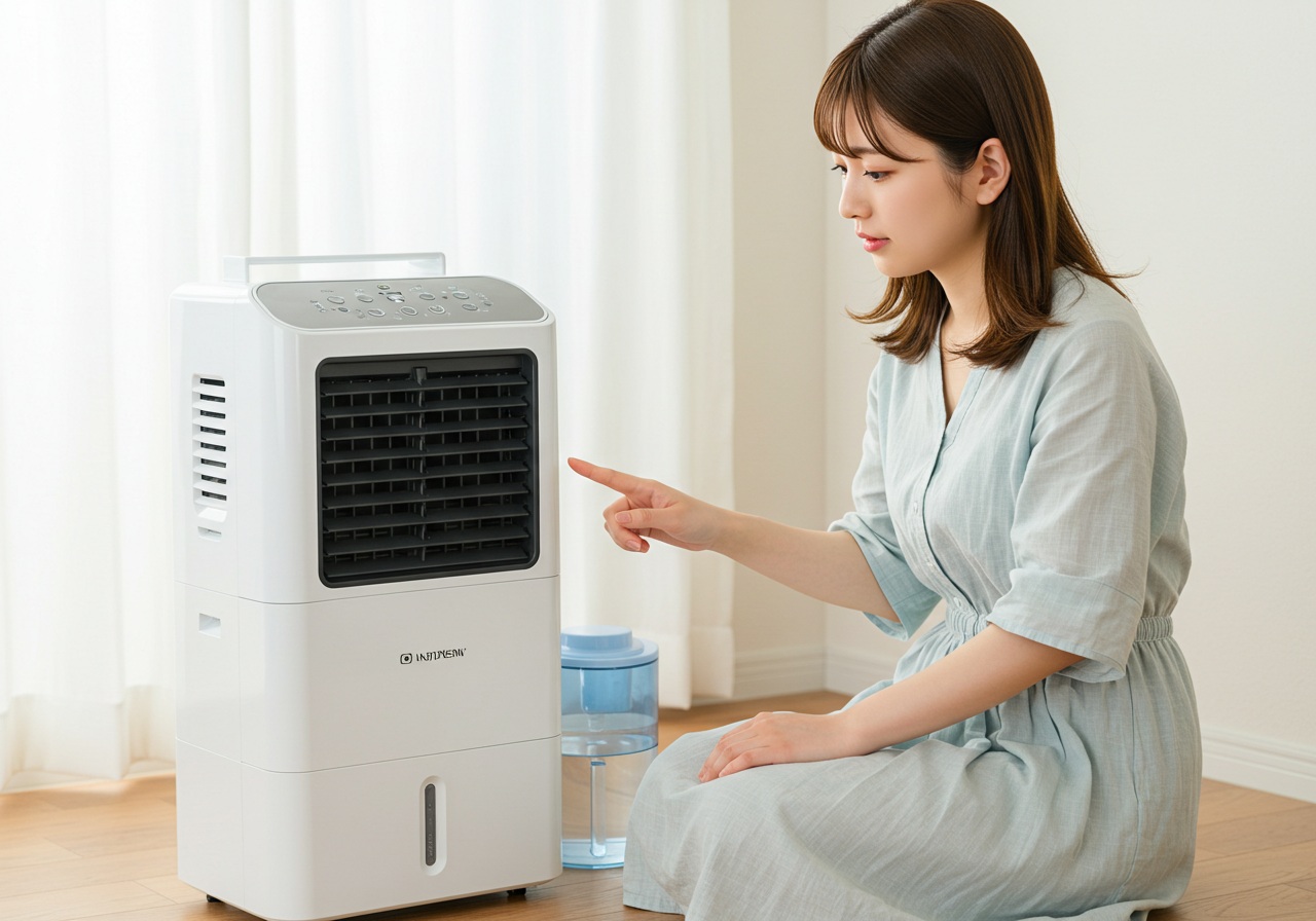 A realistic, photo-style image of a white portable air cooler that has stopped working. A young Japanese woman in light summer clothing is gently pressing the power button with a concerned expression. A small water tank is visible beside the cooler, bright natural lighting, uncluttered room, no text or logos.
