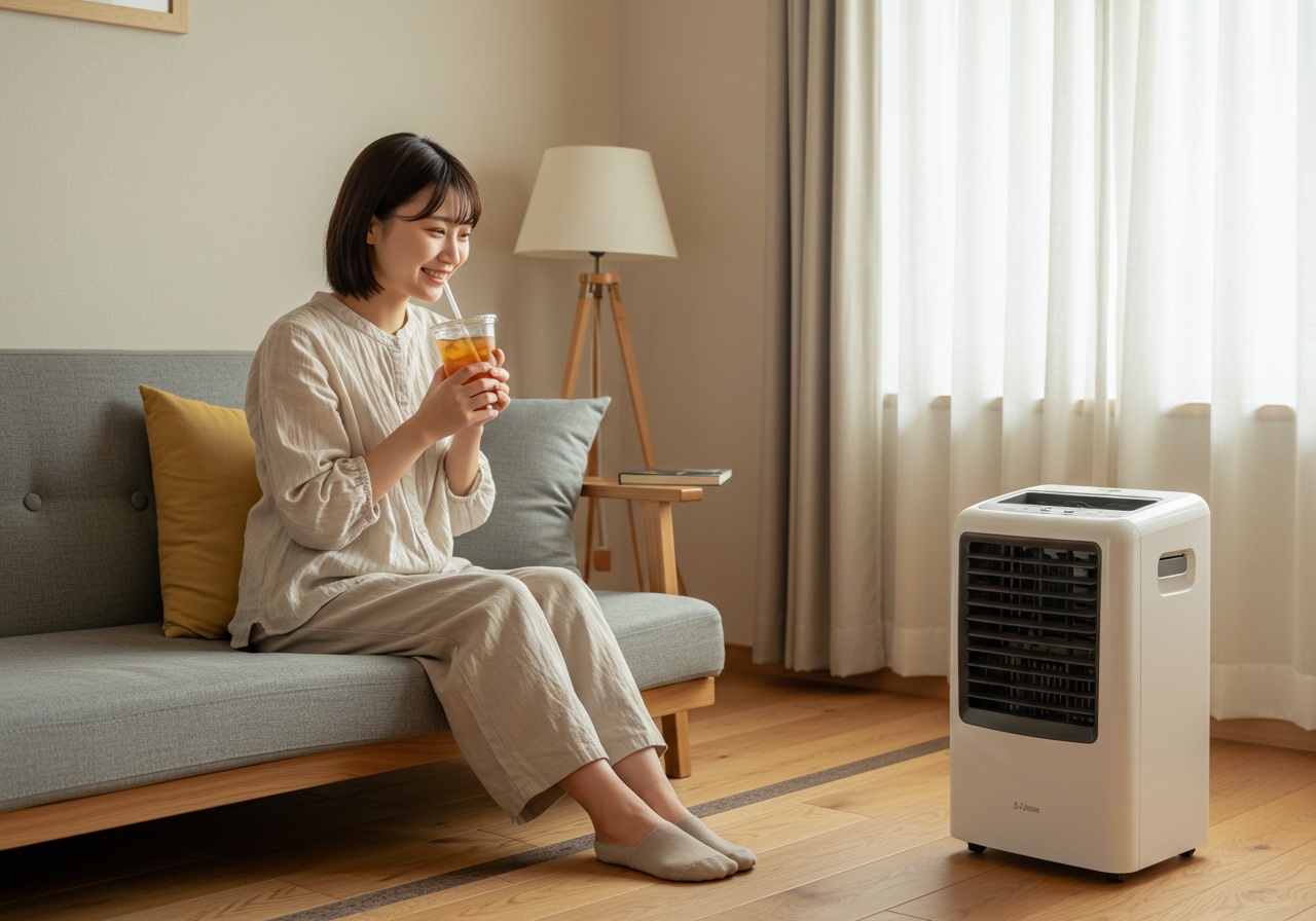 A photo-style image of a young Japanese woman sitting on a low sofa, holding a cup of iced tea, looking at her portable air cooler across the room with a satisfied smile. Cozy and bright Japanese home setting, wooden floor and soft curtains, no text or brand names visible.