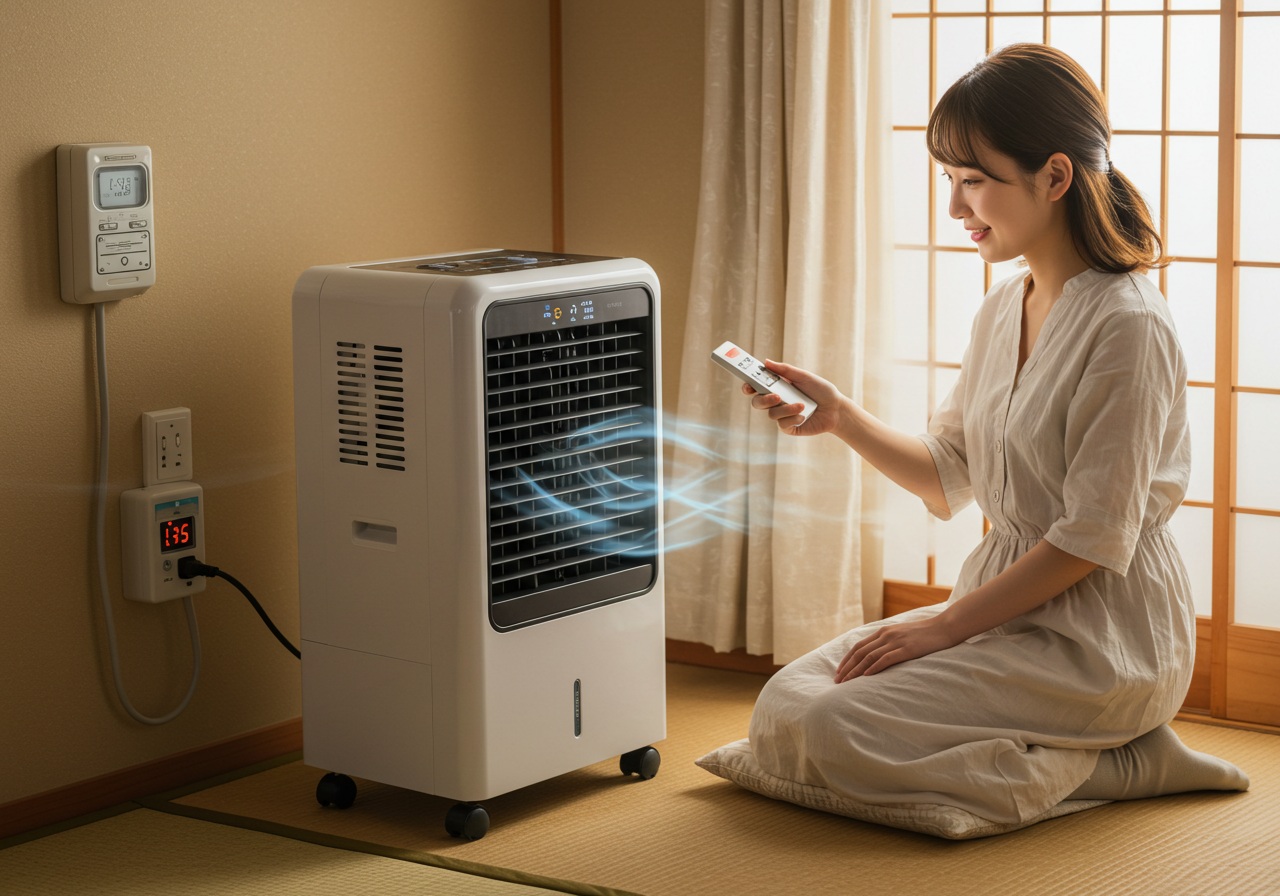 A realistic high-quality photo of a portable air cooler operating in a small Japanese room during daytime. A young Japanese woman adjusts the temperature settings with a remote while smiling gently. A nearby electricity meter display or small power strip is subtly visible, minimal and clean interior, no logos or text.