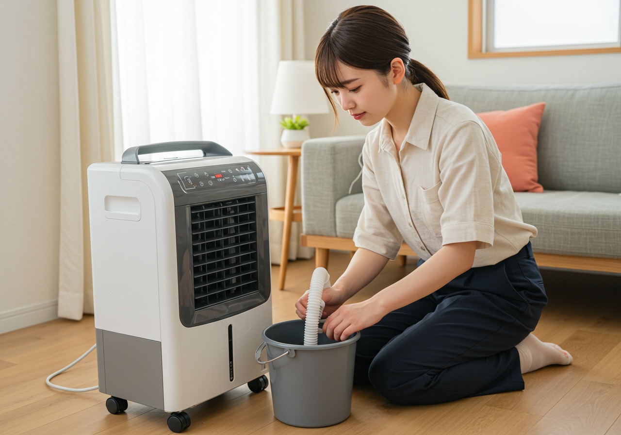 A photo-style image of a young Japanese woman kneeling on the floor next to a portable air cooler, carefully attaching a drainage hose to a small bucket. She looks focused and calm, soft indoor lighting, clean and simple room setup, no text or brand names visible.
