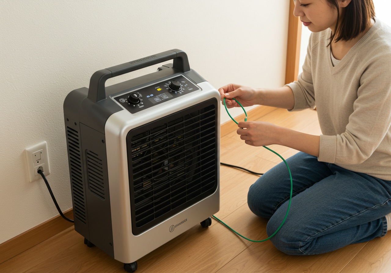 A high-resolution photo of a modern portable spot cooler placed on a wooden floor near a wall socket. A young Japanese woman, casually dressed, is kneeling beside it, connecting a thin green ground wire (earth wire) to a wall outlet with a careful and focused expression. Bright indoor lighting, clean and minimal Japanese-style room, no logos or text visible.