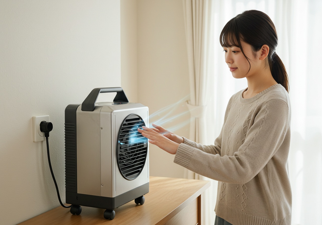 A realistic photo of a portable spot cooler plugged into a wall outlet without a visible earth wire. A young Japanese woman stands nearby with a slightly concerned look, holding her hand near the cooler’s metal surface as if sensing a faint electric shock. Neutral home interior, soft daylight, safe and clean environment, no branding or text.