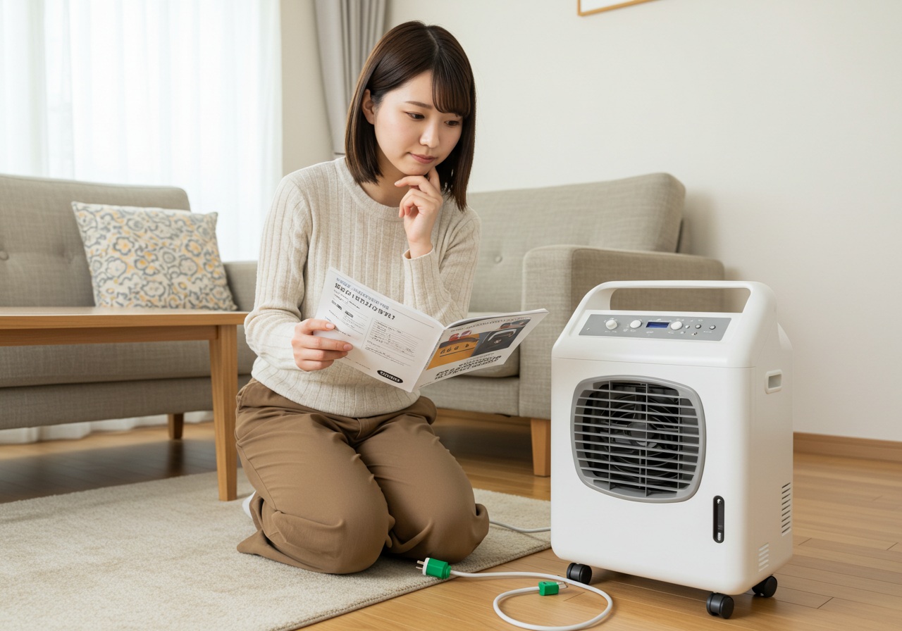 A clear, photo-style image of a young Japanese woman reading a user manual while kneeling beside a white portable spot cooler (no logos). She is pointing to a small green earth wire attached to the plug, looking thoughtful. Indoor Japanese living room, neutral colors, bright and safe environment.