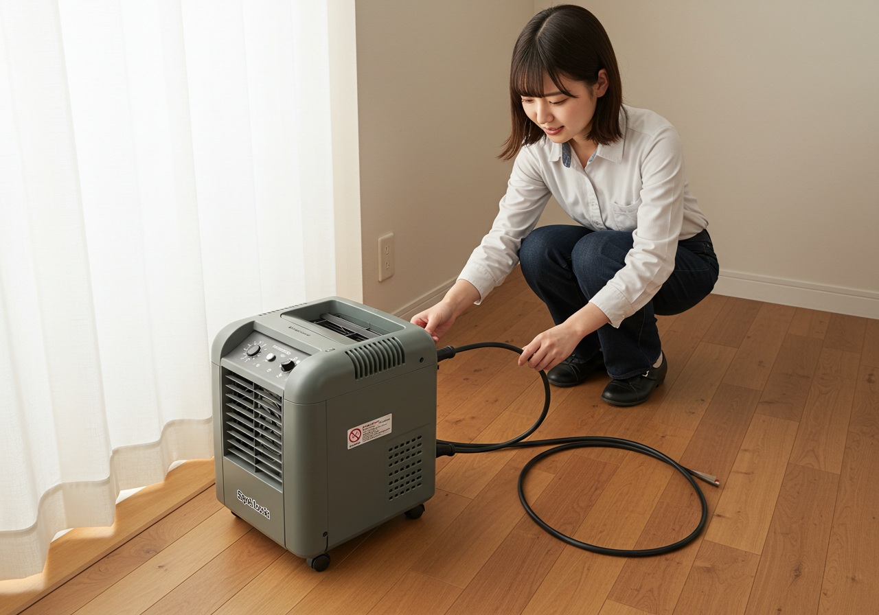 A high-quality photo of a portable spot cooler connected to a short, thick extension cord leading to a wall outlet. A young Japanese woman is crouched nearby, checking the cord with a cautious expression, making sure it is safe. Bright, tidy room with a wooden floor, no logos or text, natural daylight.
