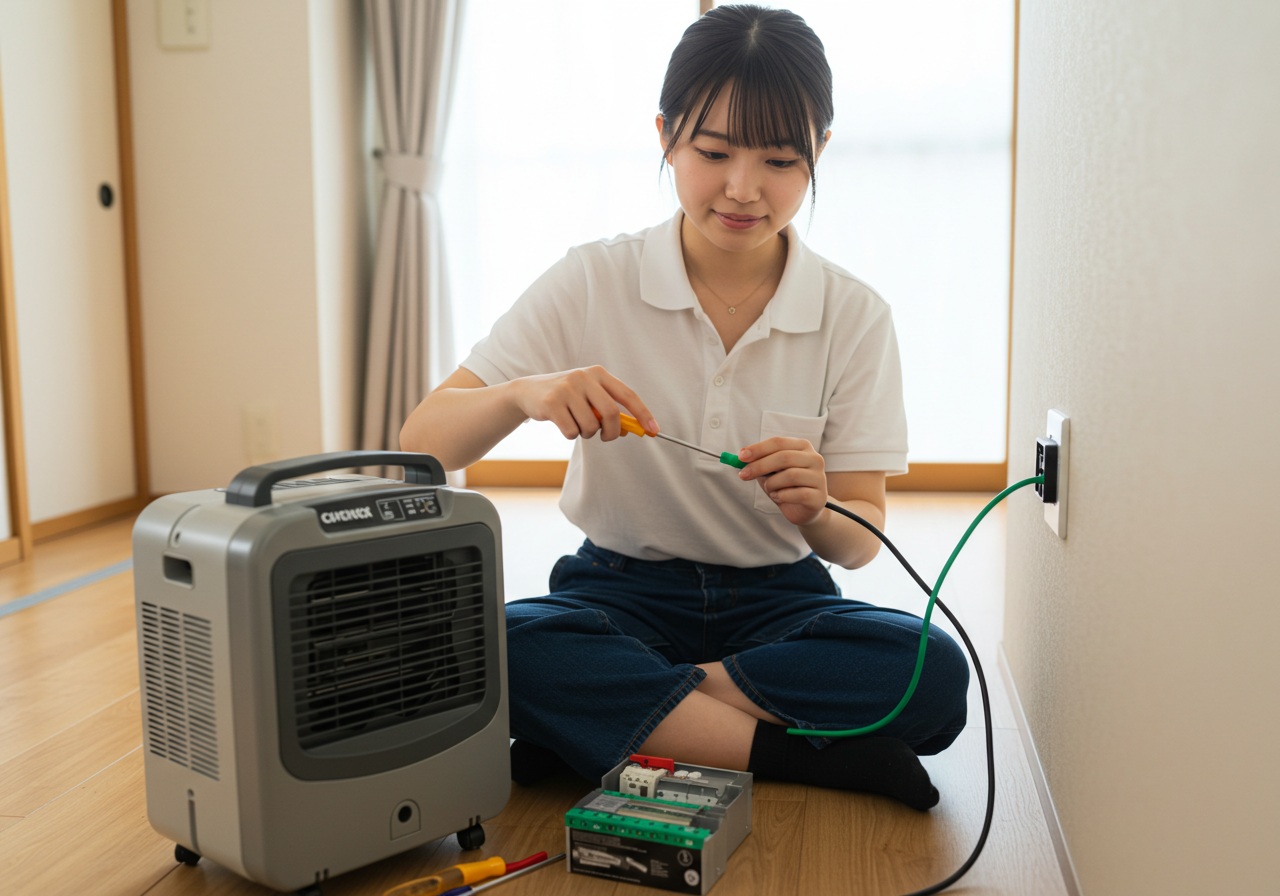 A photo-style image showing a young Japanese woman sitting on the floor beside a portable spot cooler, carefully attaching a green earth wire to a wall outlet terminal. She has a calm and focused look, holding a small screwdriver to secure the wire. The background is a clean, modern home interior with soft natural lighting, no brand names visible.
