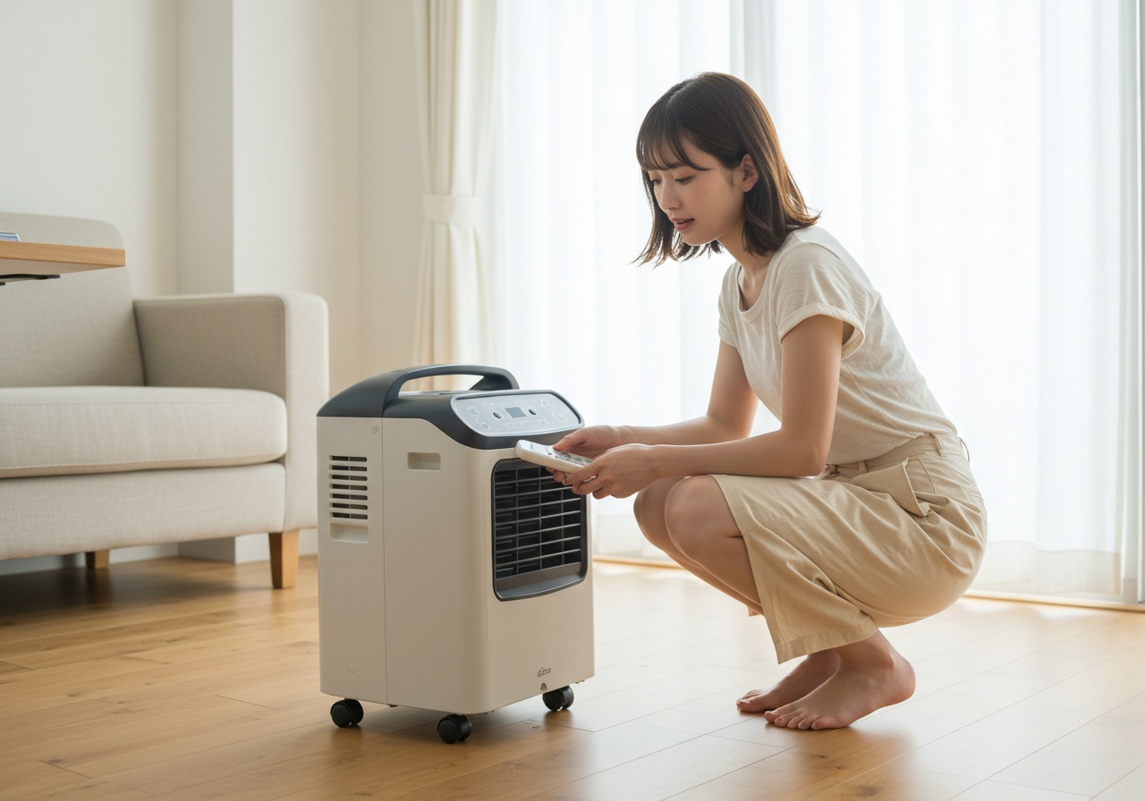 A high-resolution, photo-style image of a small portable spot cooler placed on the floor in a modern Japanese living room. A young Japanese woman in casual summer clothes is crouching next to the unit, looking at the control panel with a slightly puzzled expression while holding a remote in one hand. The background shows a bright, clean room with natural daylight coming from a nearby window, no text or branding visible.