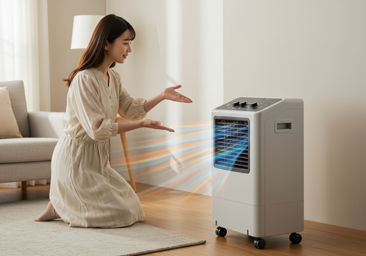 A realistic, high-quality photo of a portable spot cooler running but blowing warm air. A young Japanese woman stands nearby with one hand extended toward the vent, appearing confused as she checks the airflow. The scene is set in a tidy home interior with soft natural light, minimal furniture, no text or brand logos.