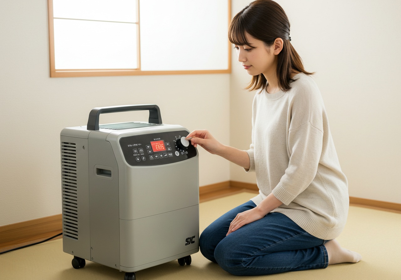 A clear, detailed photo-style image of a portable spot cooler showing its digital control panel. A young Japanese woman kneels beside it, adjusting the temperature setting while looking thoughtfully at the display. The background is a clean Japanese apartment room with soft daylight, no logos or text.