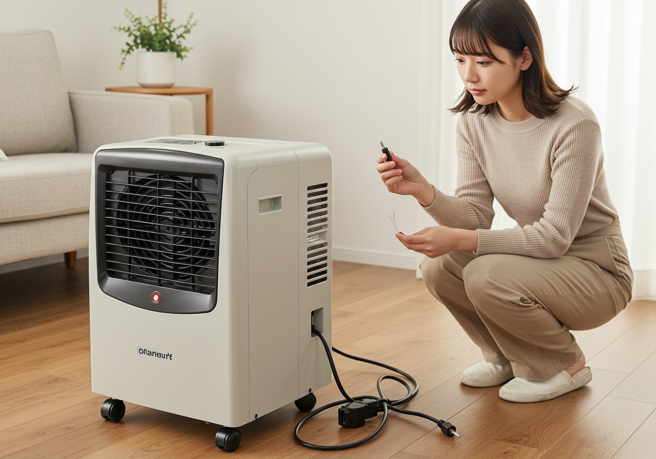 A realistic photo-style image of a portable spot cooler unplugged with its power light off. A young Japanese woman is crouching near the plug, looking at a small household fuse in her hand with a curious and slightly worried expression. The room is modern and clean, softly lit, no brand markings visible.