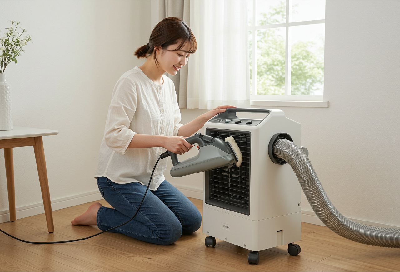 A high-resolution, photo-style image of a young Japanese woman using a small handheld vacuum to clean the air filter of a portable spot cooler. The exhaust hose is visible, leading to a partially open window. The room is bright, neat, and free of any text or brand logos, capturing a safe and simple cleaning process.