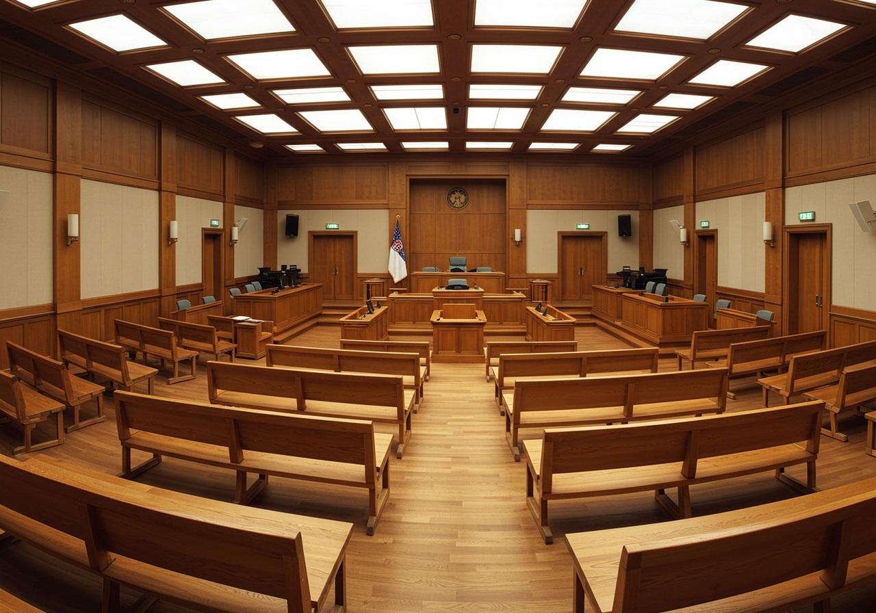 日本の法廷の内部。木製のベンチと裁判官席が整然と並び、誰もいない静かな空間。