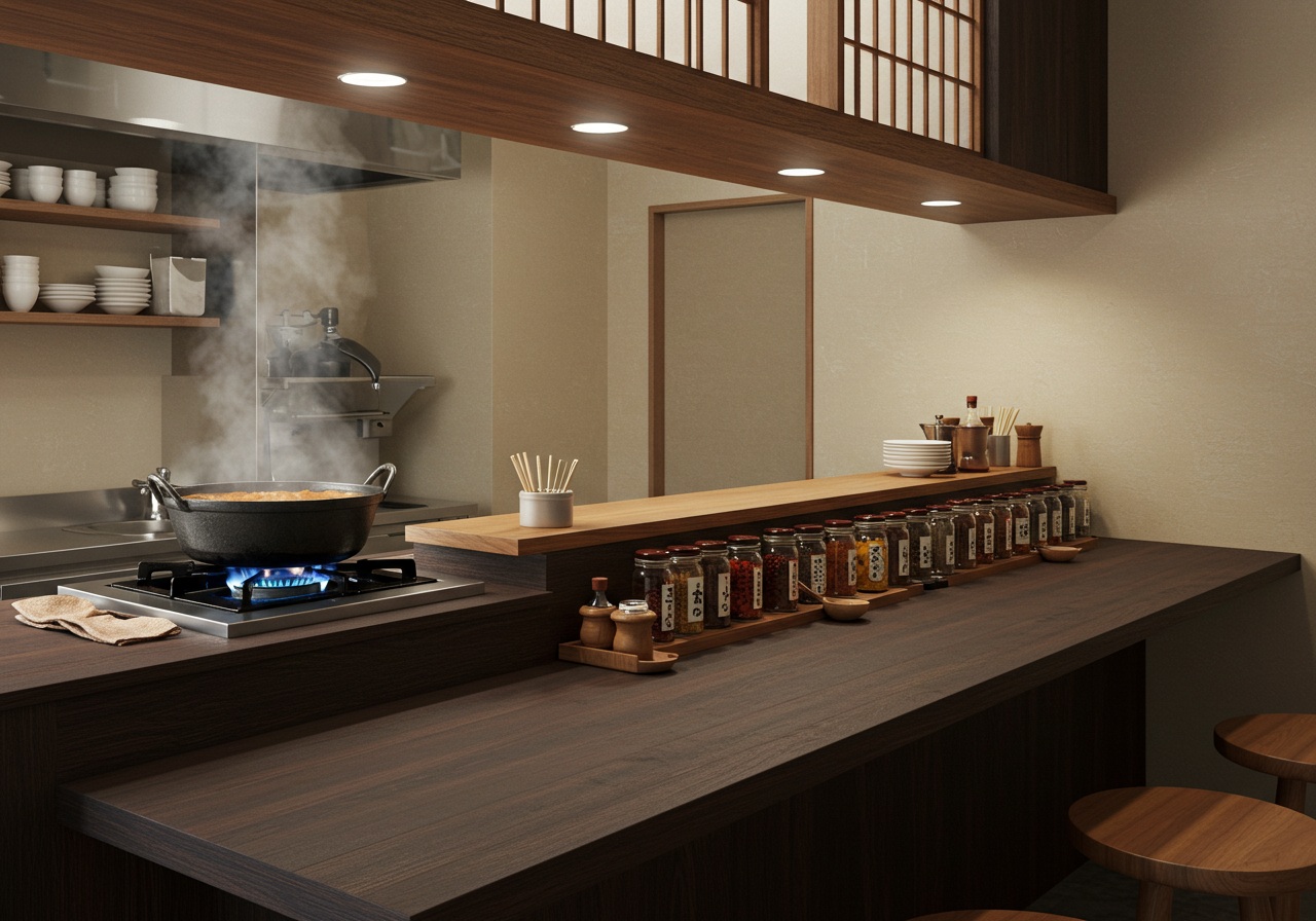 静かな日本の街角にある小さなカレー店の外観。暖かい照明が灯り、行列ができそうな雰囲気だが人は写っていない。