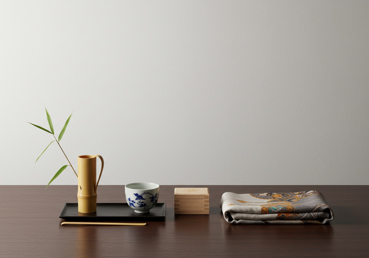 日本の伝統的な商品が木製のテーブルに並べられた、自然光で撮影されたシンプルな写真。