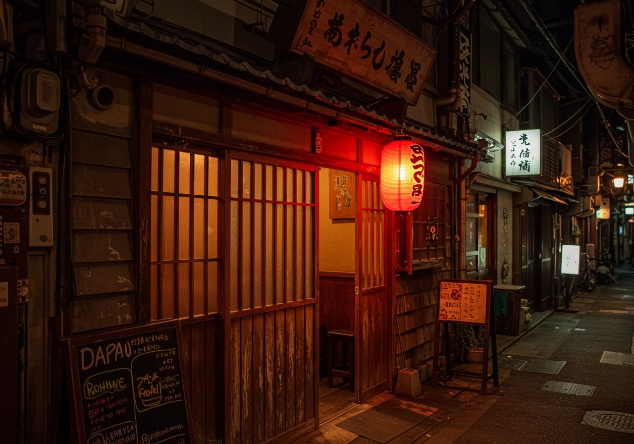 御徒町の路地裏にある小さな居酒屋『玉善』をイメージした夜の写真。提灯の明かりが温かく灯る風景