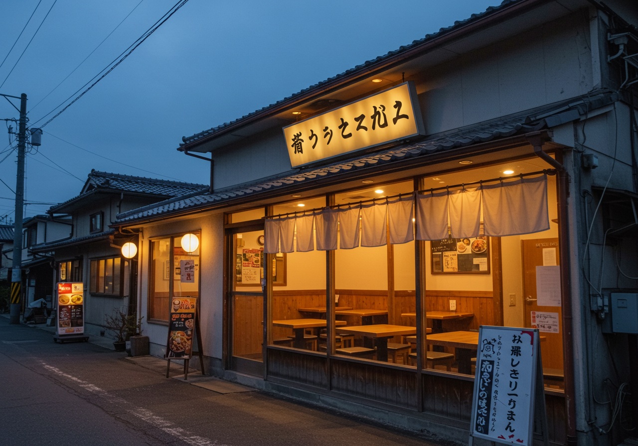 北関東の街道沿いにある昔ながらのローカルファミレスをイメージした外観写真