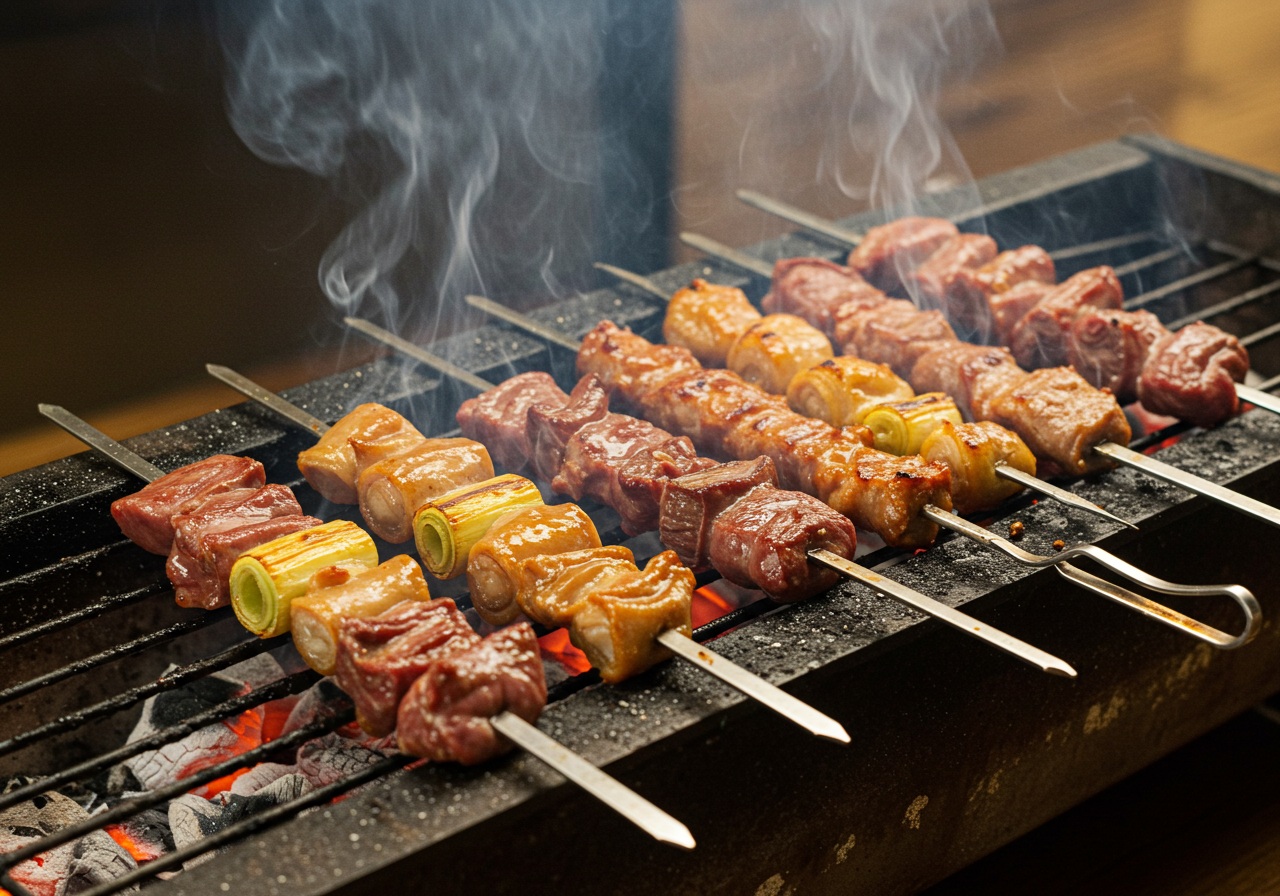 炭火で串焼きされた肉やホルモンが香ばしく焼け、薄い煙が立ち上る様子の高画質写真。