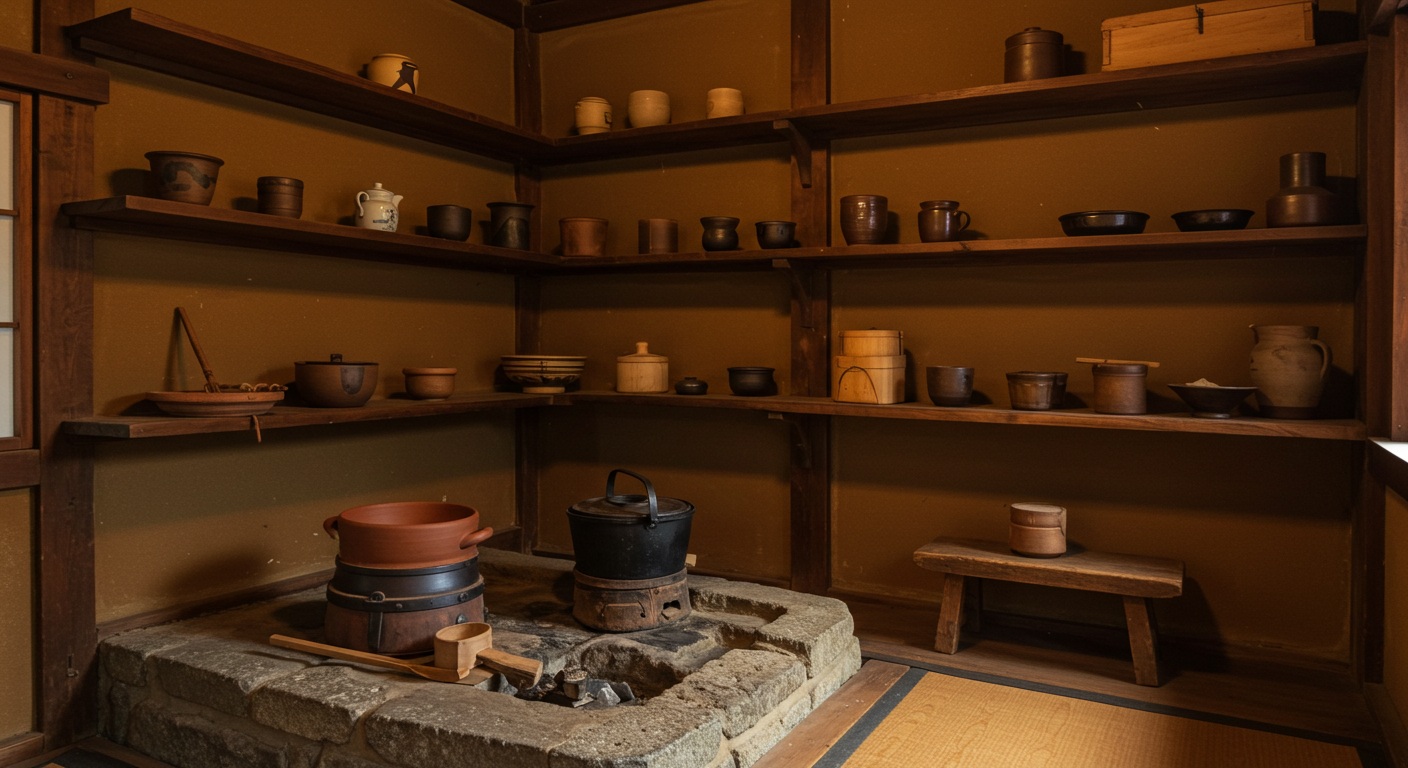 戦国時代をイメージした日本の台所跡。土壁と木製の棚、かまどがあり、質素で歴史を感じさせる空間。
